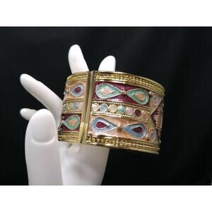 Wide Bangle Bracelet, Hinged Closure, Peach Pink Turquoise Enamel, 7 3/4 Inches